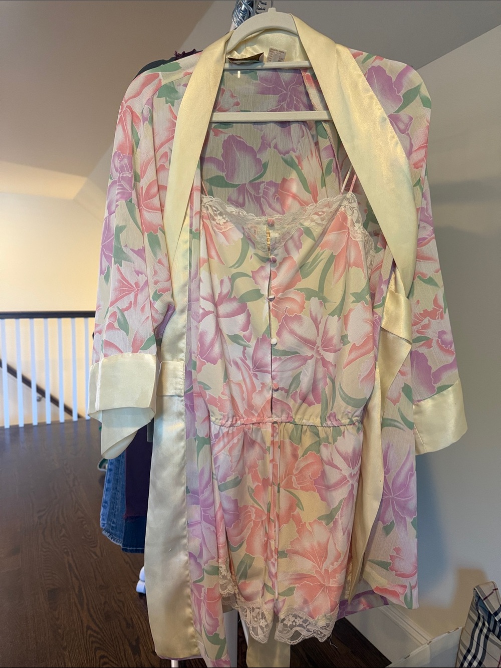 Victoria's Secret Pastel Floral Satin Teddy & Robe Set